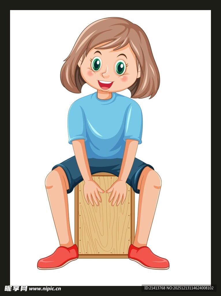 女孩坐于纸箱上