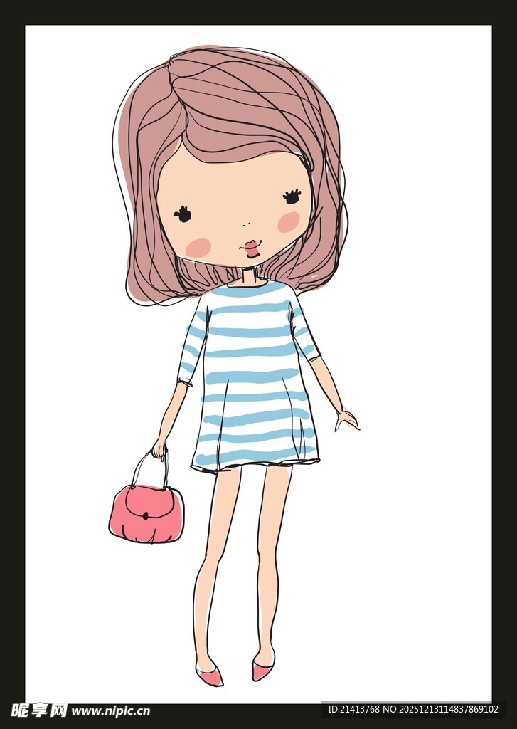 穿条纹裙的可爱卡通女孩