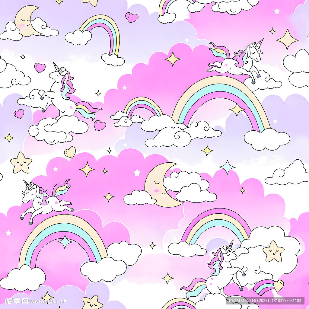 梦幻独角兽彩虹云朵图案