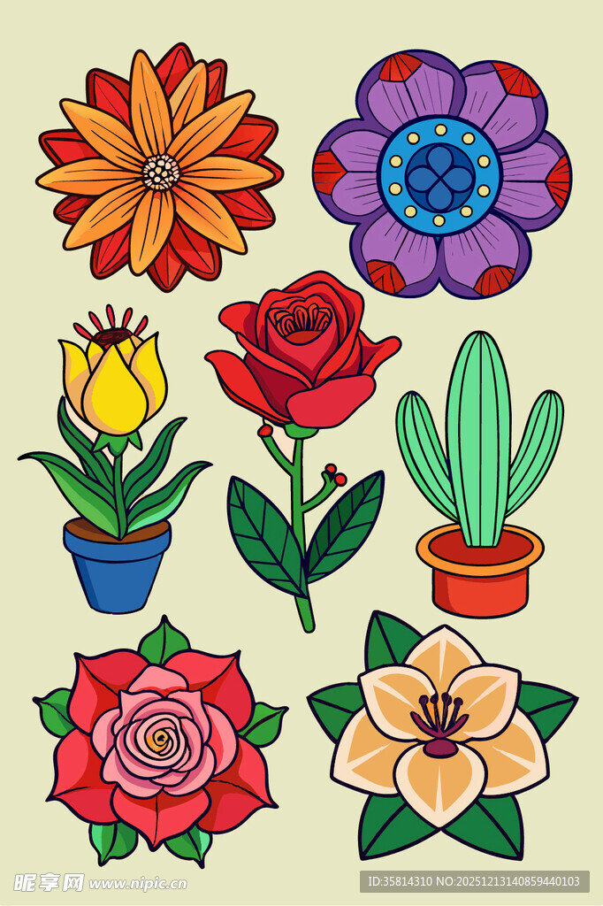 多彩花卉盆栽插画