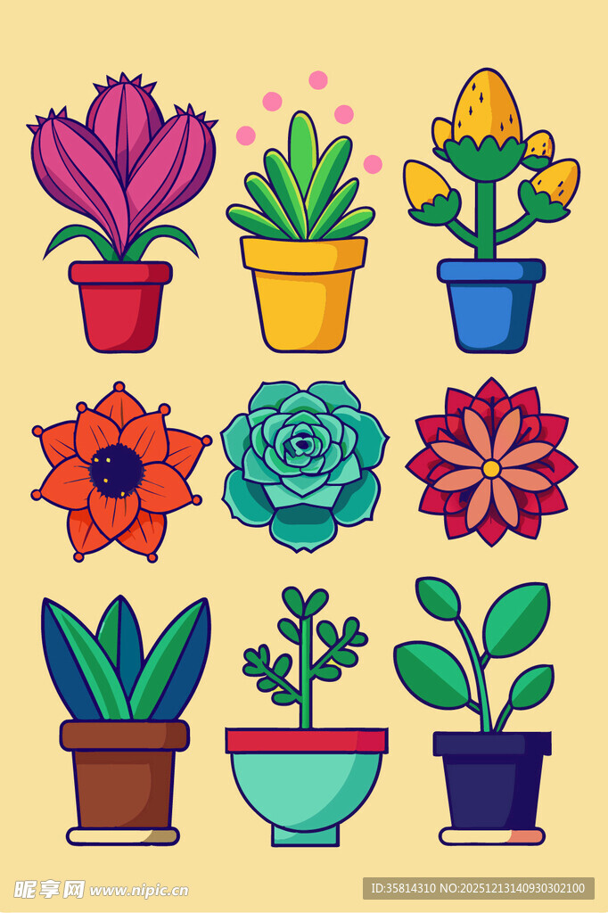 多彩盆栽插画萌趣植物