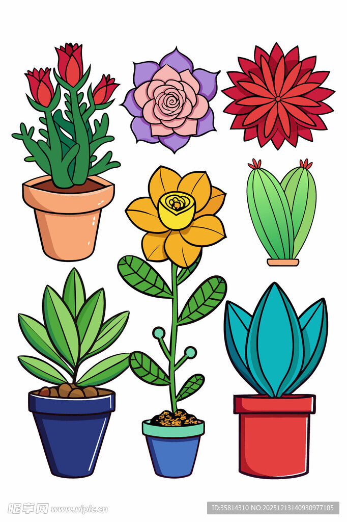 多彩盆栽花卉插画