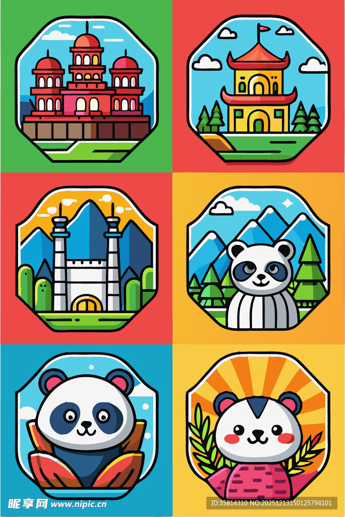 卡通风格建筑与动物形象