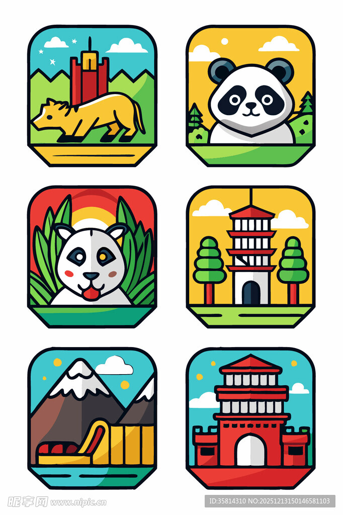 中国风旅游地标图标集合