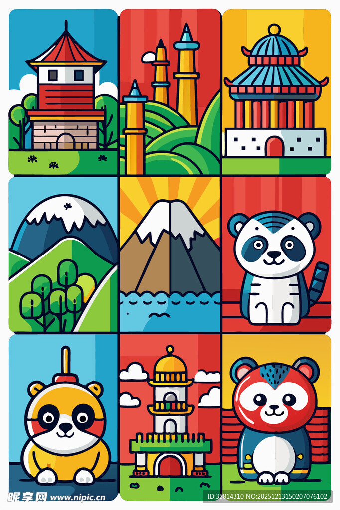 亚洲地标与萌宠插画
