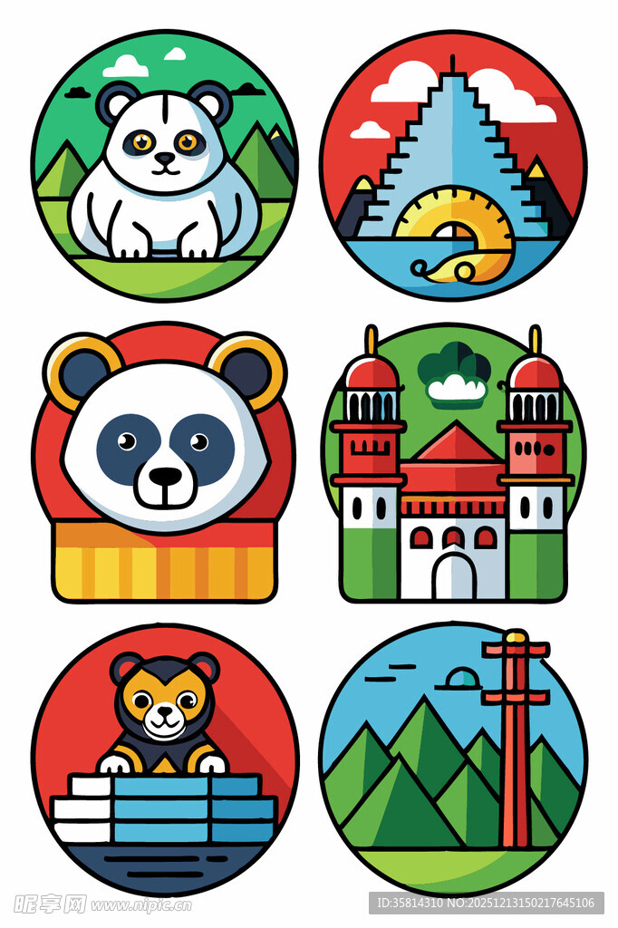 多彩卡通地标与动物图标