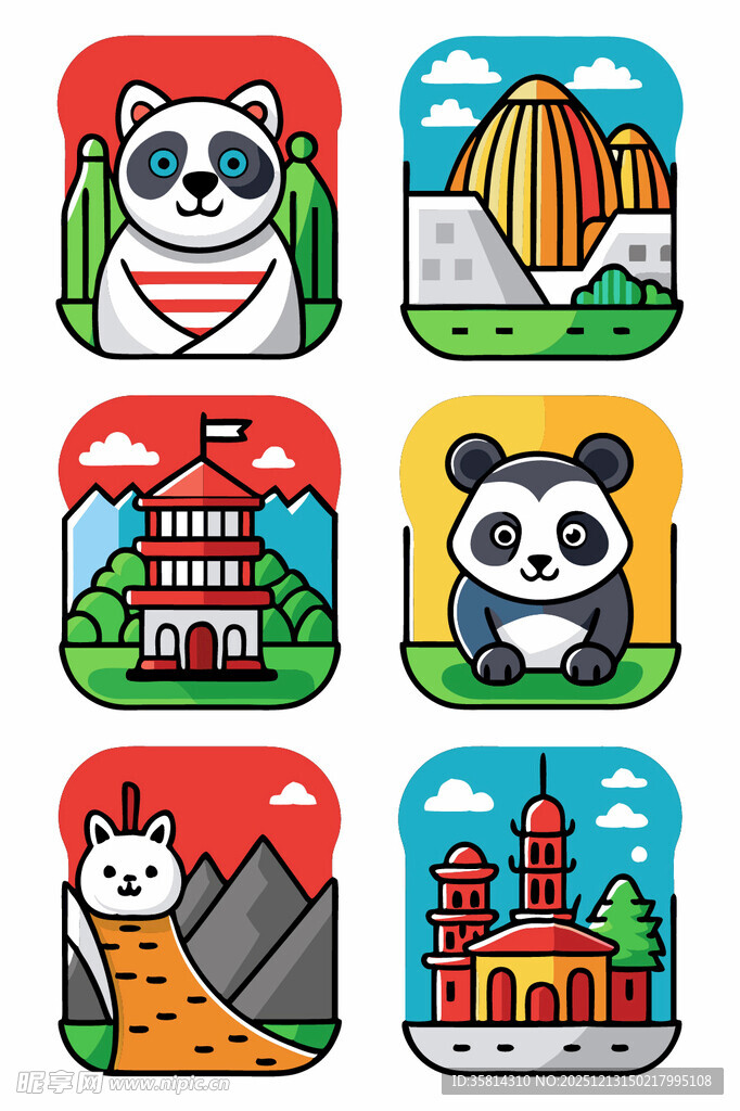 熊猫与地标建筑图标集