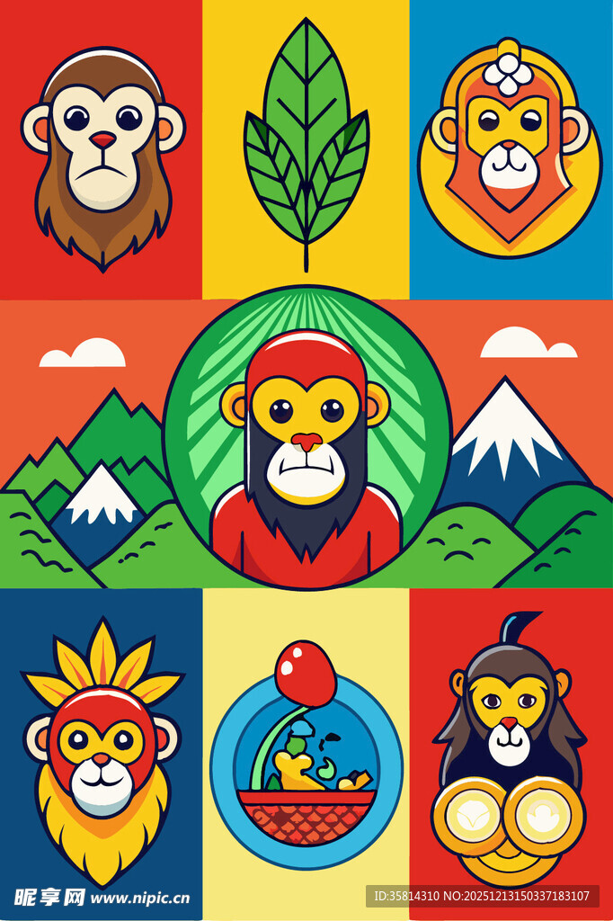 多彩猴子与自然元素图案