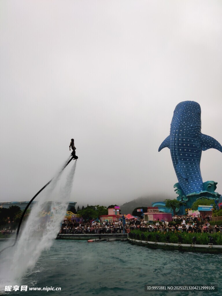 水上飞人表演与巨型鲸鱼