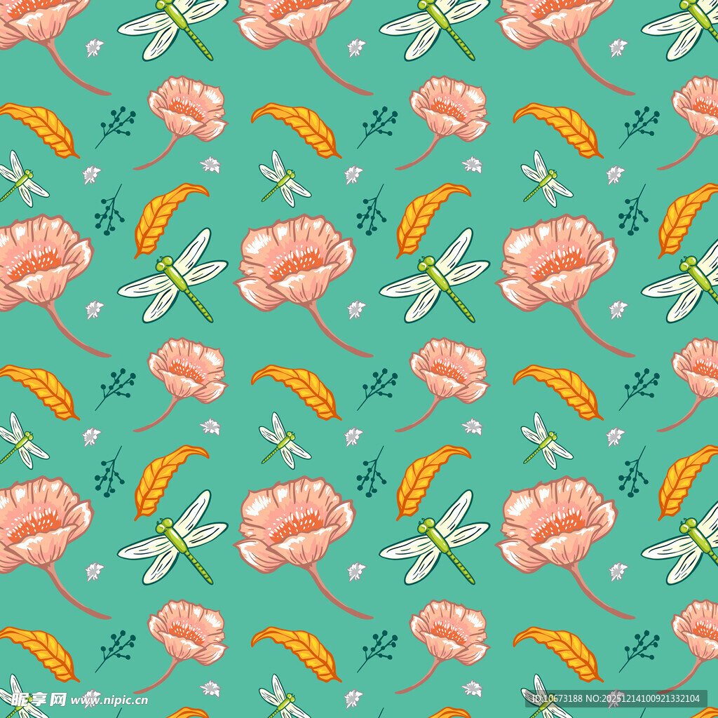 清新花卉蜻蜓图案背景