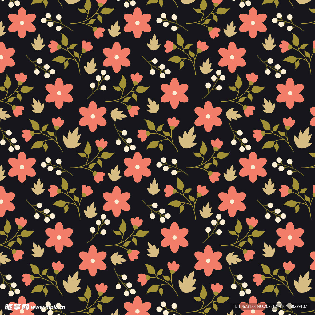黑色底粉色小花花卉图案