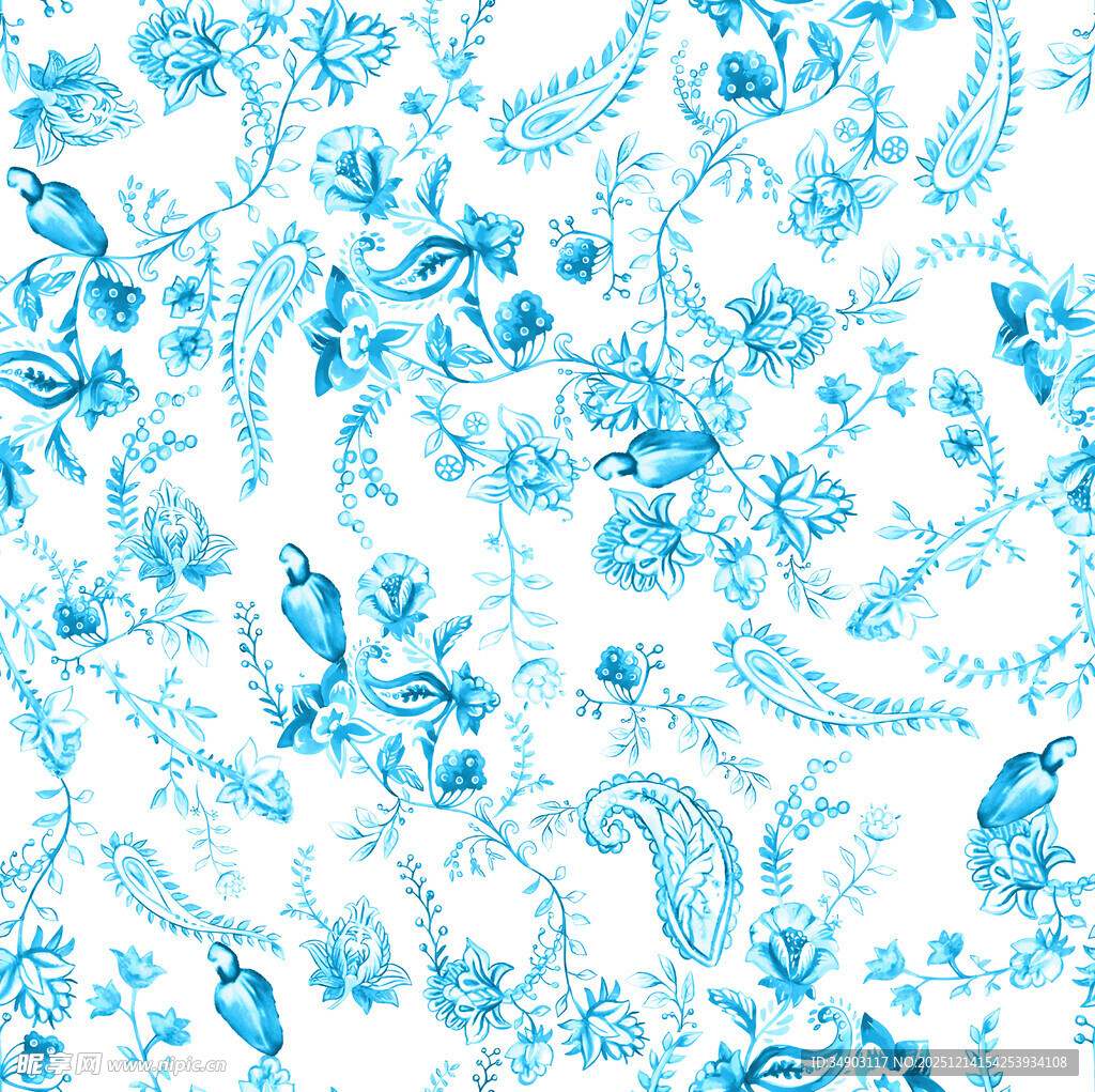 蓝白花卉图案纹理背景
