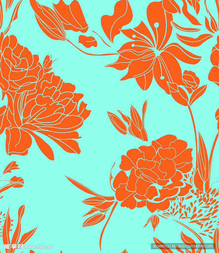 蓝底橙花花卉图案设计