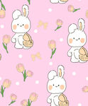 粉色背景可爱兔子花卉图案