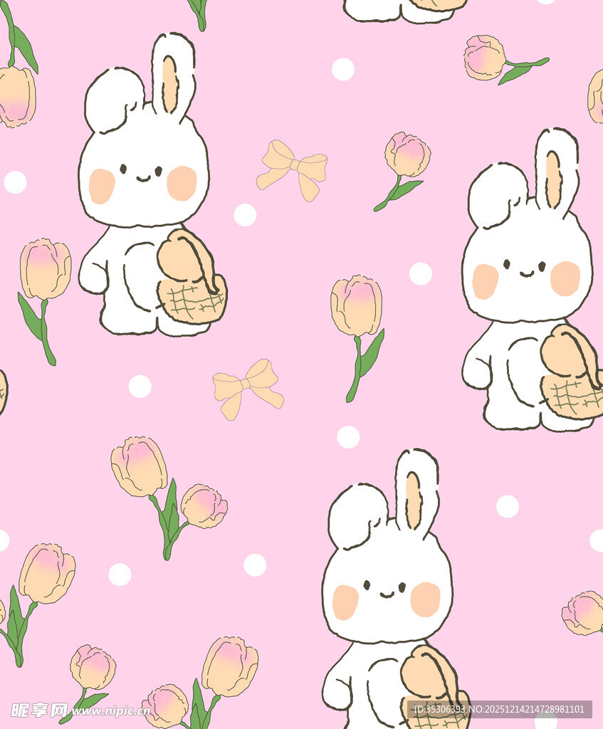 粉色背景可爱兔子花卉图案