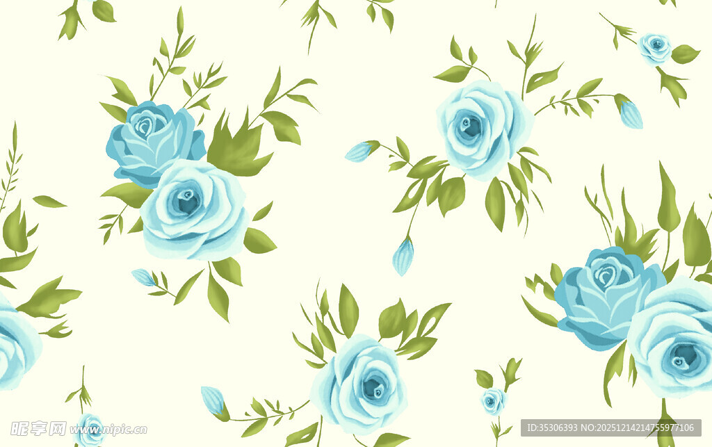 蓝花绿叶清新花卉图案