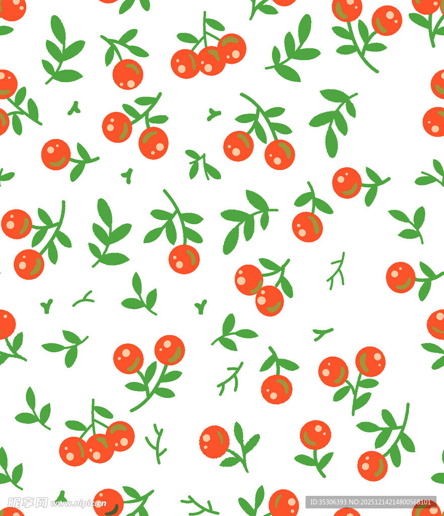 手绘浆果绿叶无缝图案