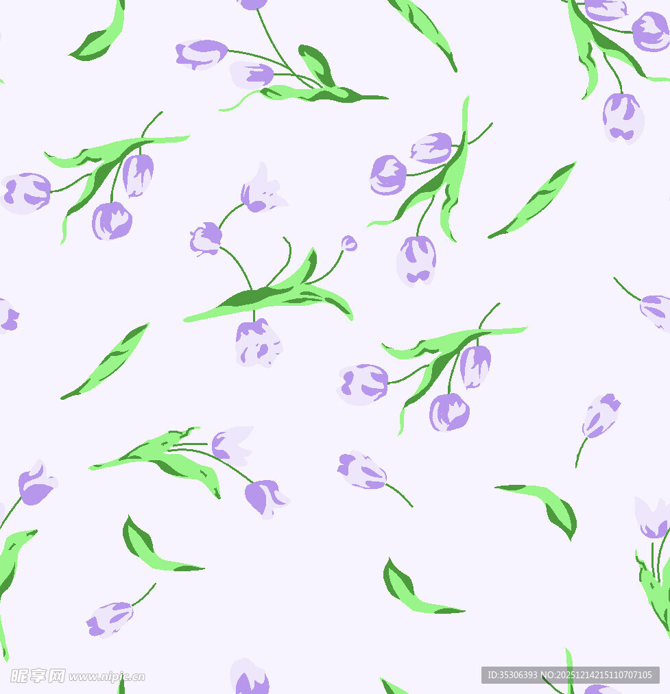 紫色花卉绿叶水彩图案