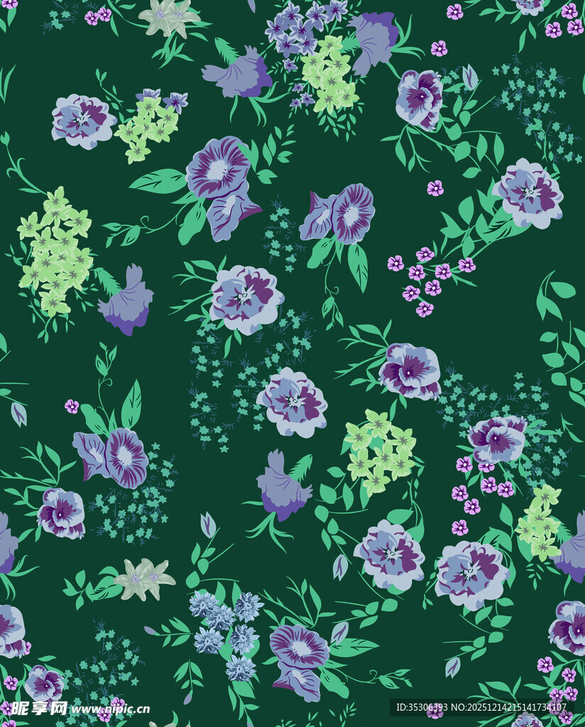 绿色底紫色花卉图案背景