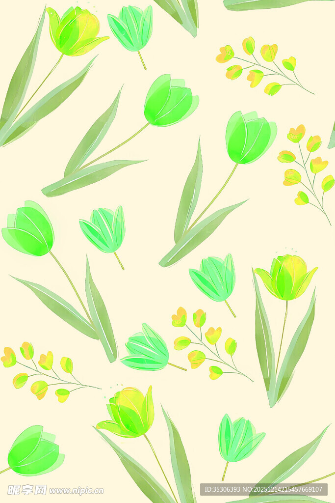 清新手绘绿色花卉图案