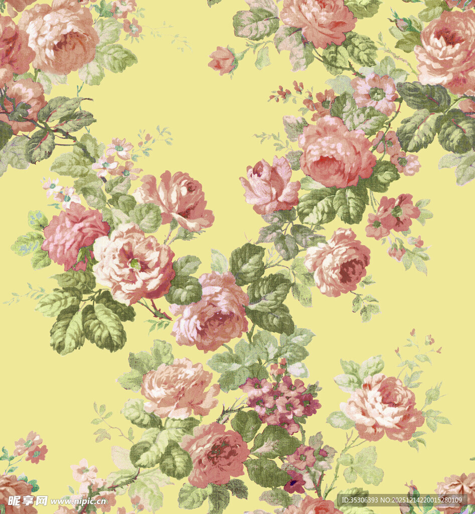 黄色底粉色花卉图案