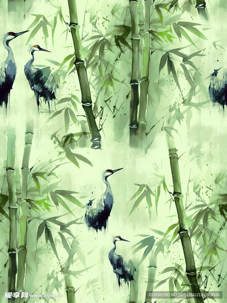 竹林中的鹭鸟水墨画