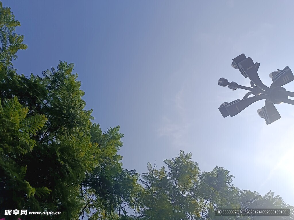 蓝天绿树间的风车剪影