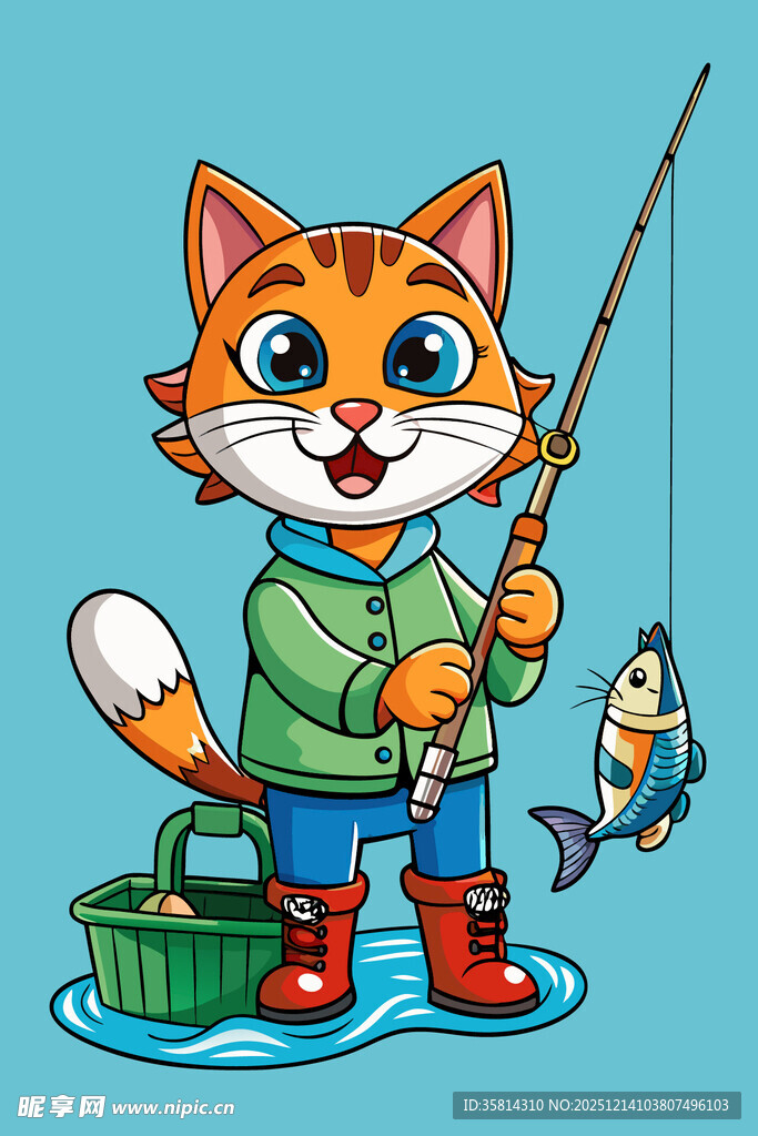 小猫开心钓鱼趣景