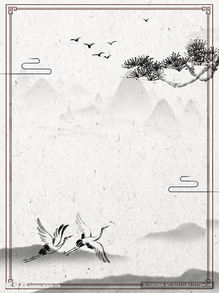 中式山水间双鹤飞翔图景