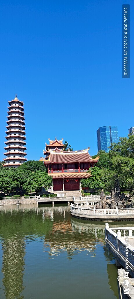 福建福州闽南湖畔古塔古建筑风景