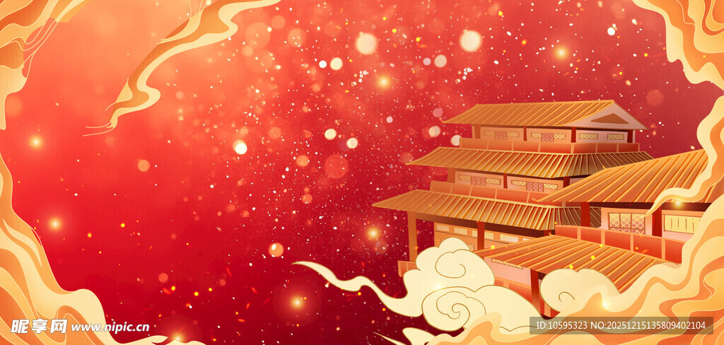 古风红金中式建筑祥瑞图