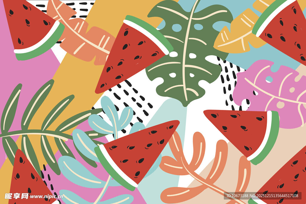 夏日西瓜与植物缤纷图案