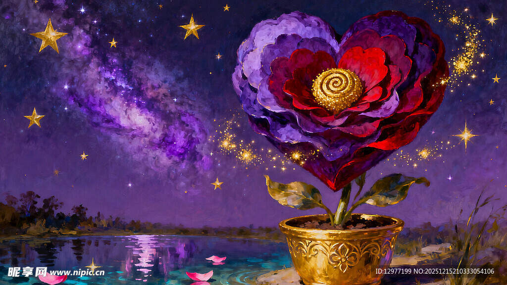 梦幻星空下的心形花朵