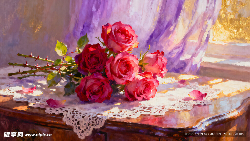 窗边绽放的娇艳红玫瑰