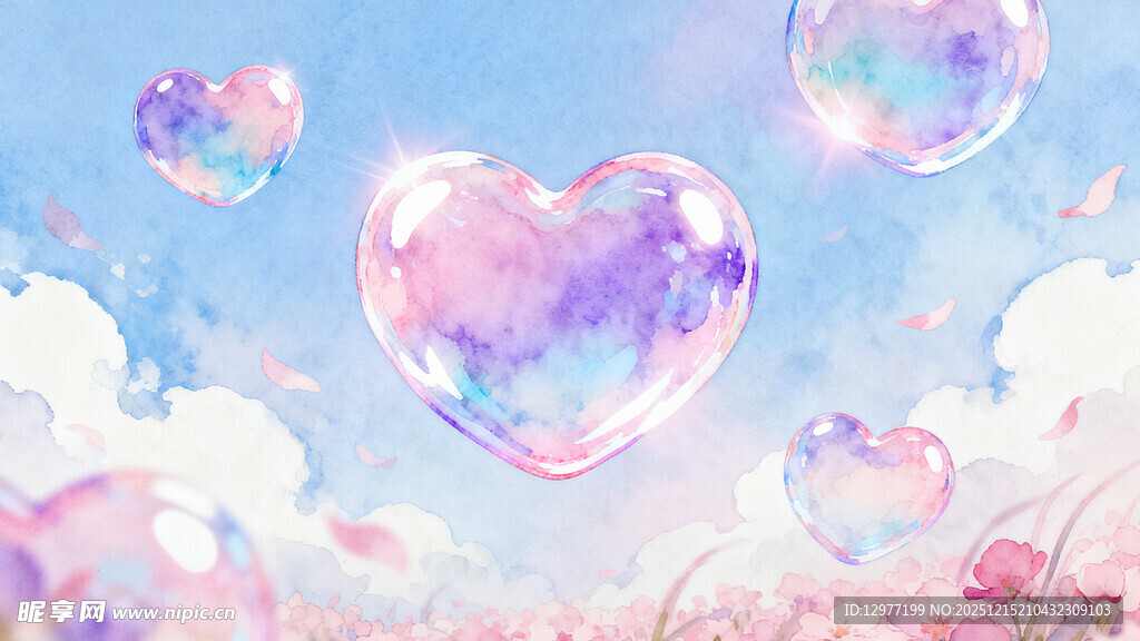 梦幻心形气泡漂浮天空