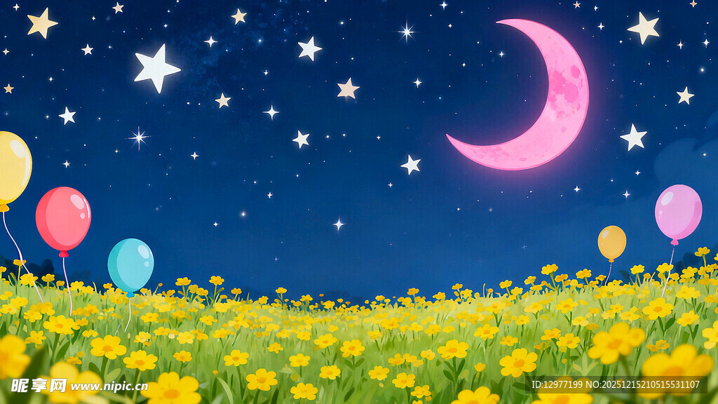 月夜花海中的梦幻气球