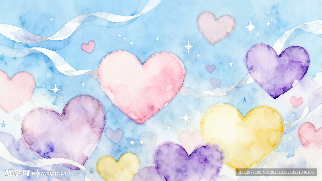 梦幻水彩爱心背景图