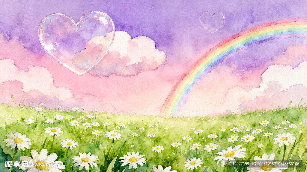 梦幻花田上的彩虹与云朵