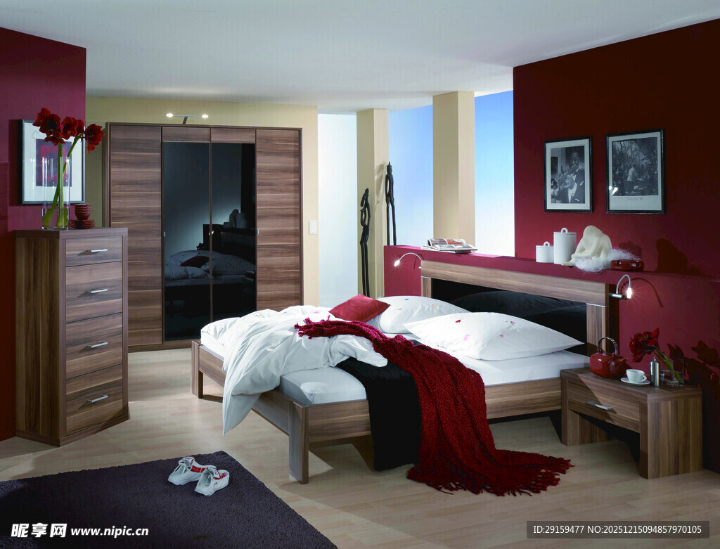 温馨红色系卧室室内场景