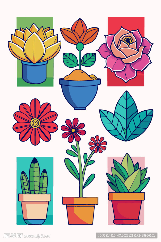 多彩盆栽插画图案集合