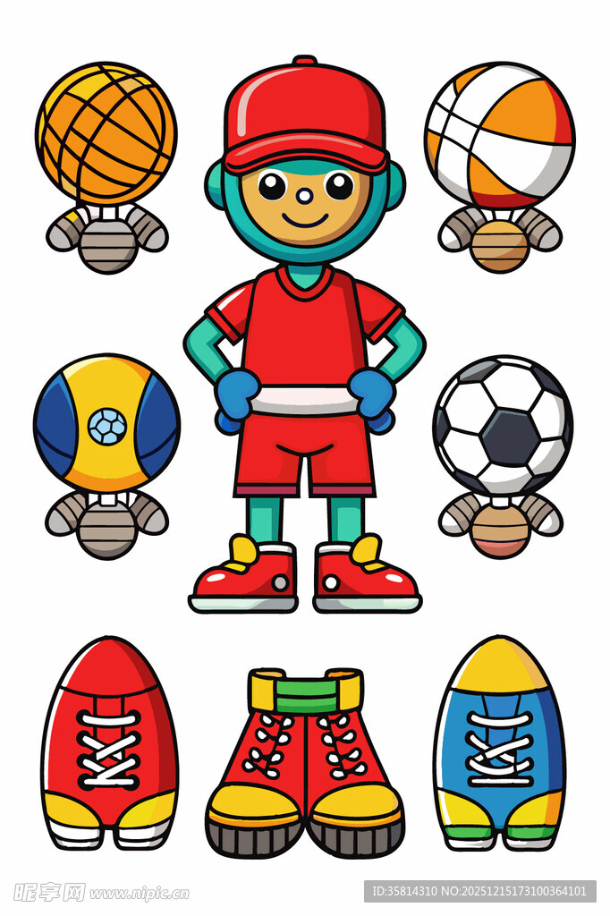 卡通运动男孩与多样装备