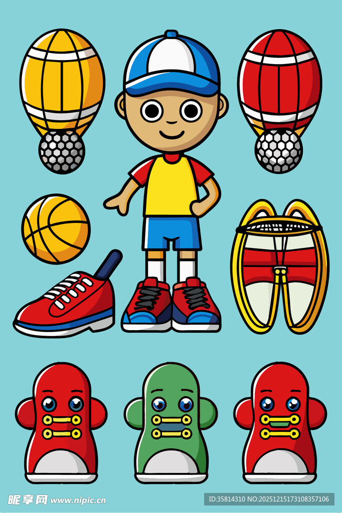 男孩与运动休闲物品集合