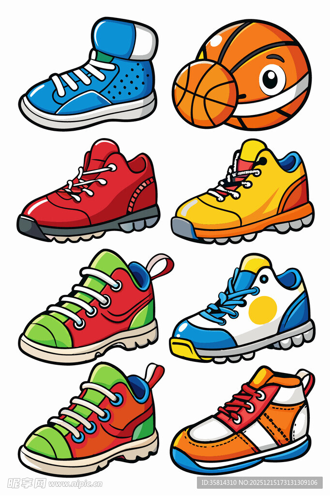 多彩运动鞋与篮球插画