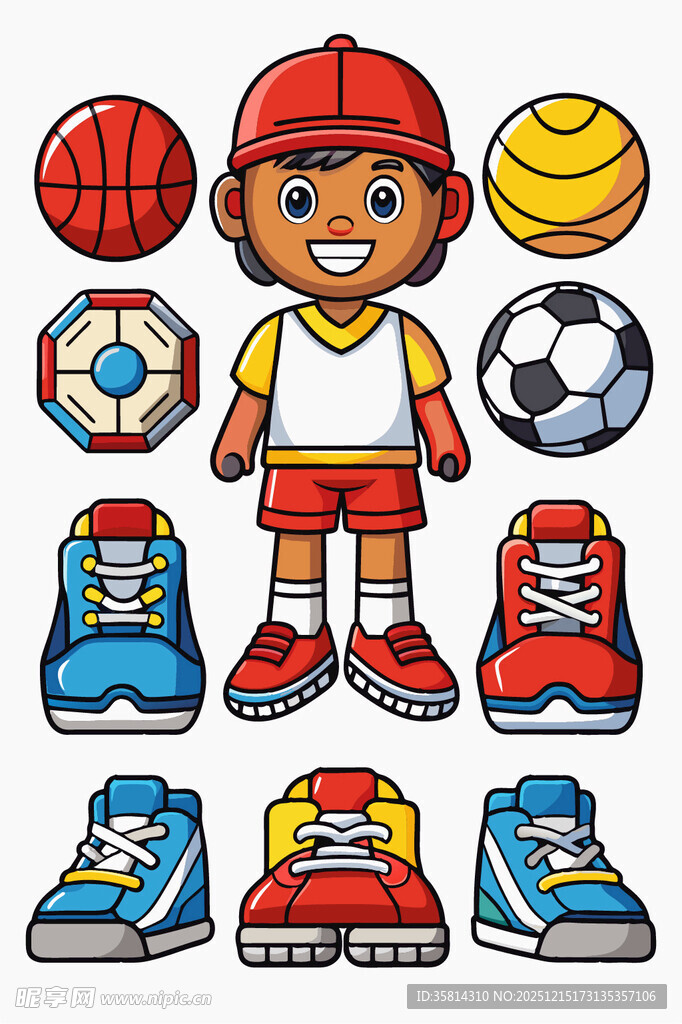 运动男孩与多样球和鞋