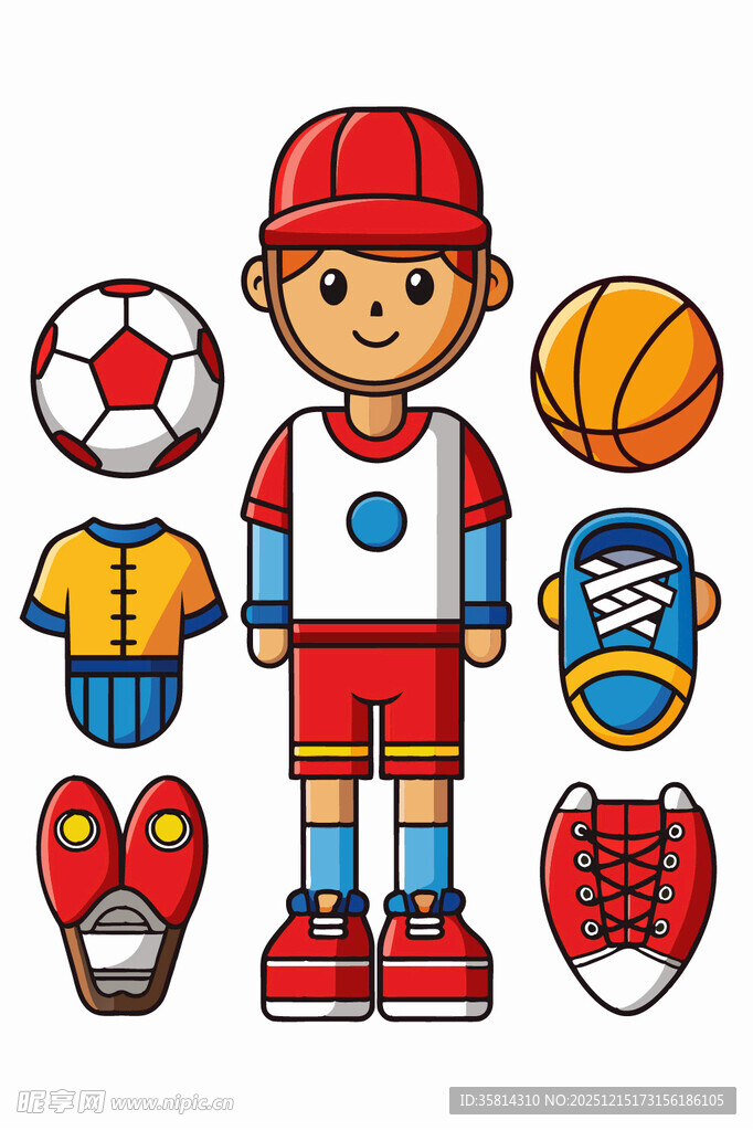 足球男孩与多样运动装备