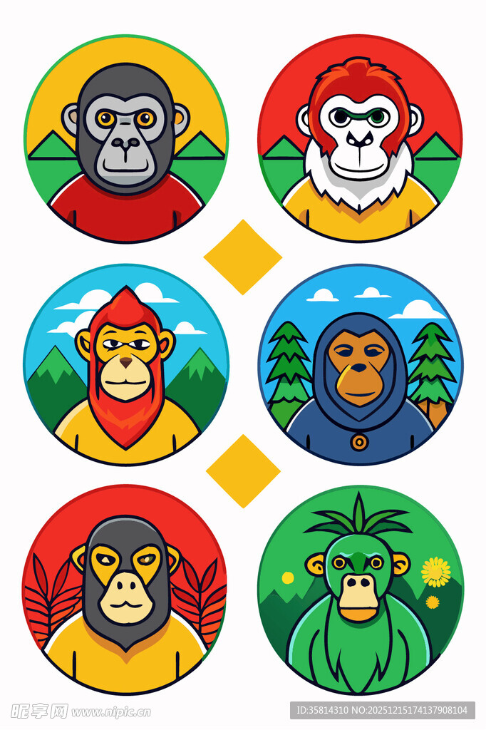 多彩猴子圆形图案设计