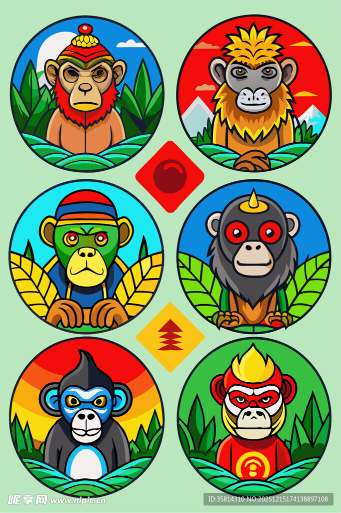 多彩猴子圆形插画图案