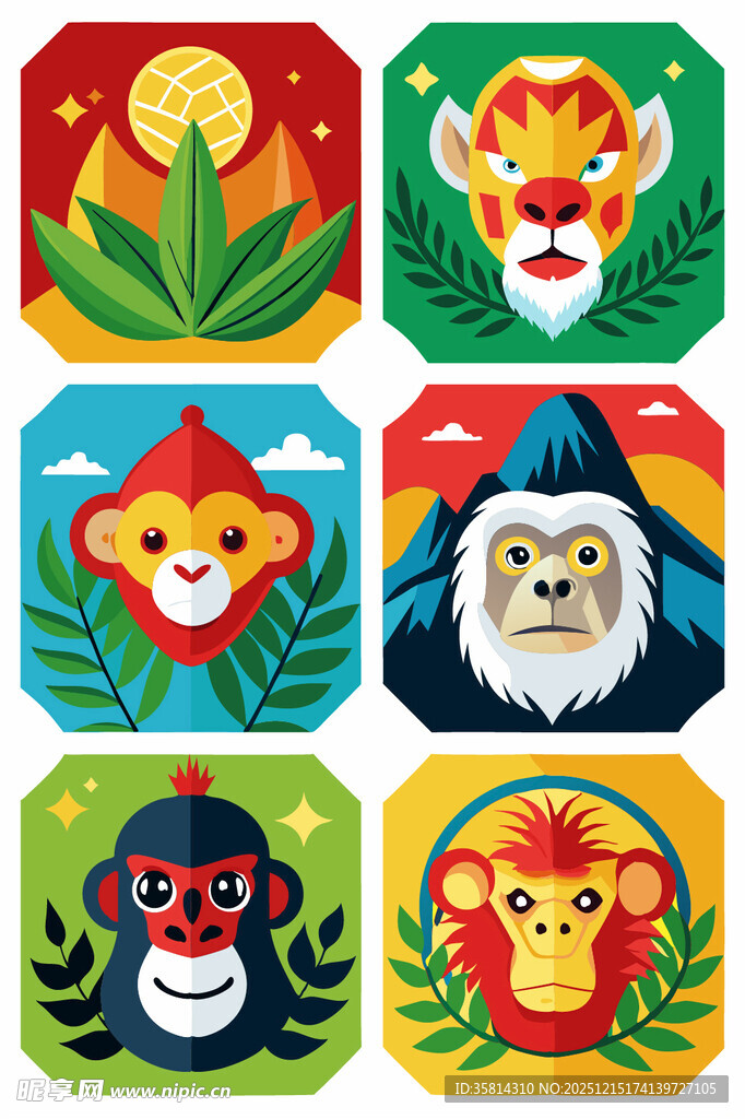多彩动物头像图案设计