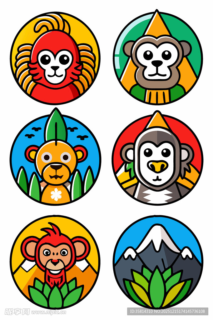 多彩动物圆形图标集合