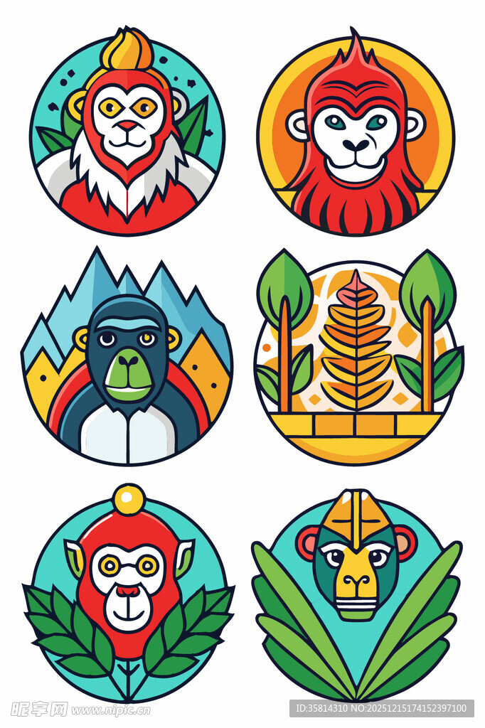 多彩猴子与自然元素图标
